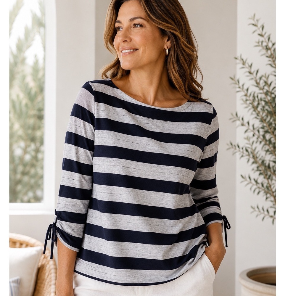 Talbots XL‎ Navy Gray Stripe Cotton Boat Neck Tie Sleeve Top Nautical Classic